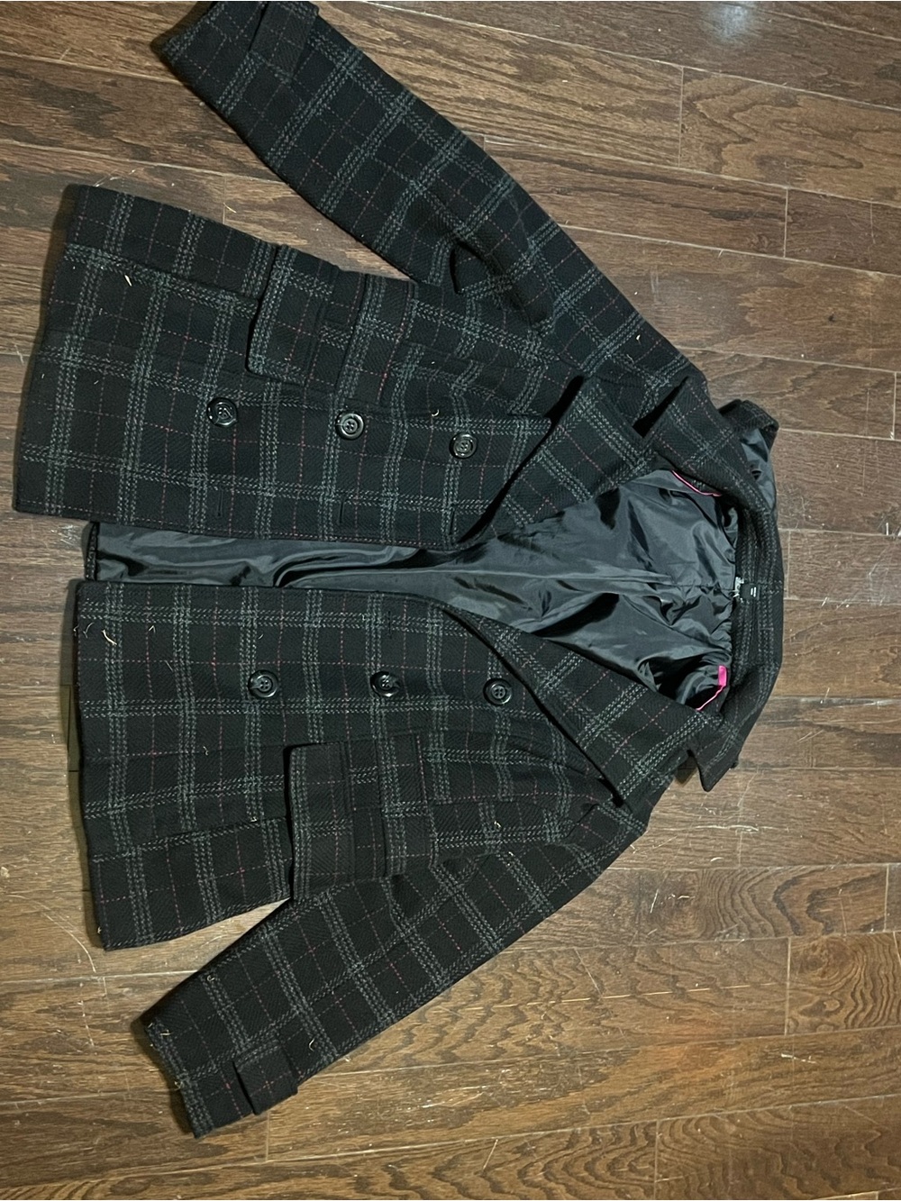 George Black Plaid Wool-Blend Coat with Red Accents